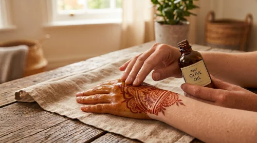 Applying pure olive oil onto a newly dried henna pattern to make the color appear brighter