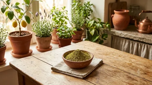 Finely ground green organic henna powder sitting in a rustic wooden bowl surrounded by fresh botanical leaves
