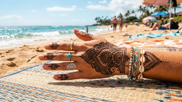 Intricate bohemian henna temporary tattoo design displayed on a hand at a sunny summer beach