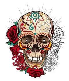 Decorative sugar skull tattoo stencil with floral eyes for coloring