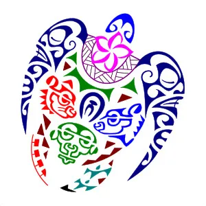 Polynesian style turtle tattoo with tiger,
bear, and monkey