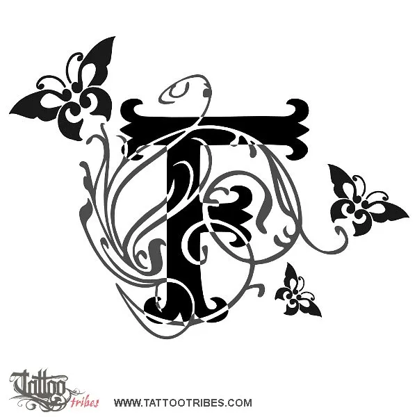 Tattoo image of F and butteflies, Freedom, harmony
