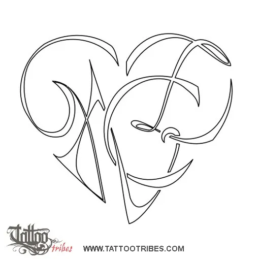 Stencil outline of G+N+C+Z heart, Love, union