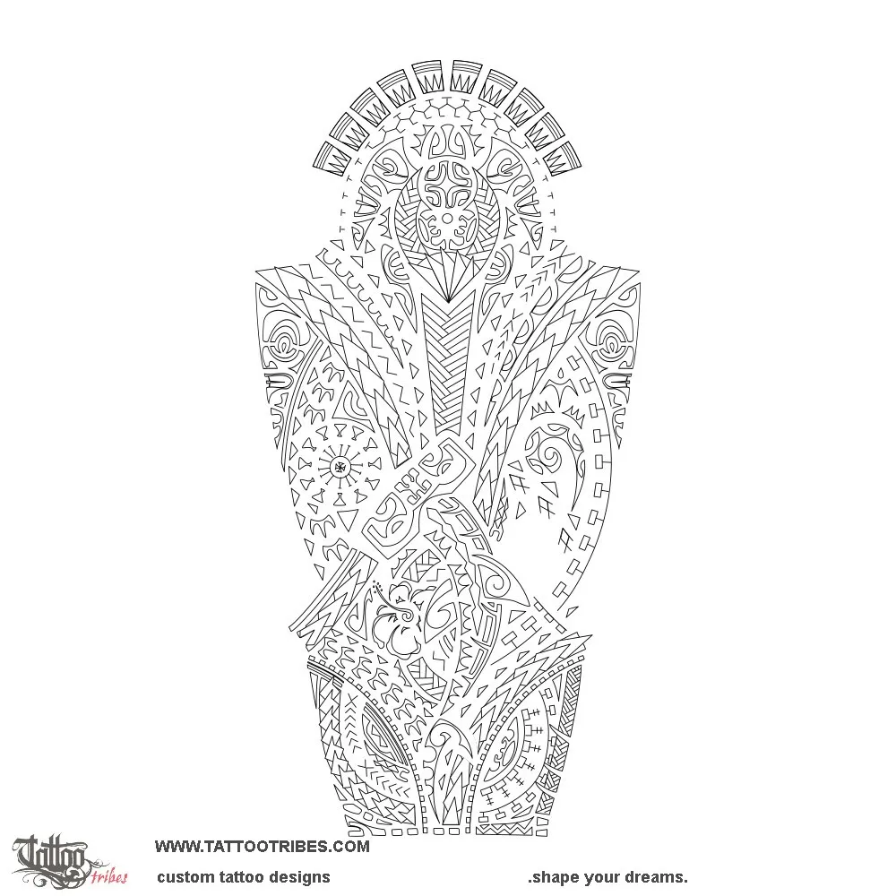 Stencil outline of Purumu roa, Long path downloadable tattoo stencil