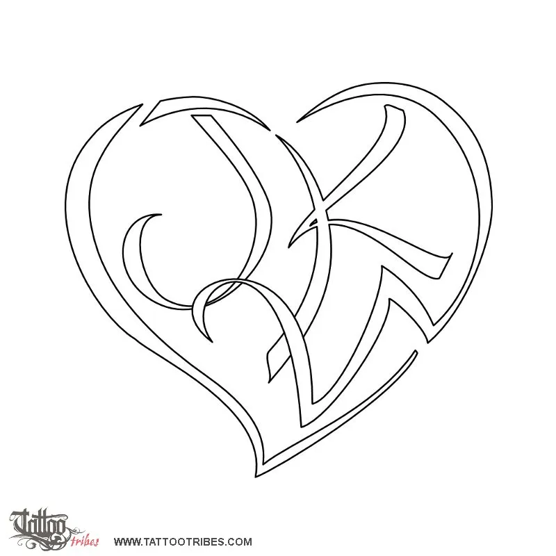 Stencil outline of J+K+W heart, Love