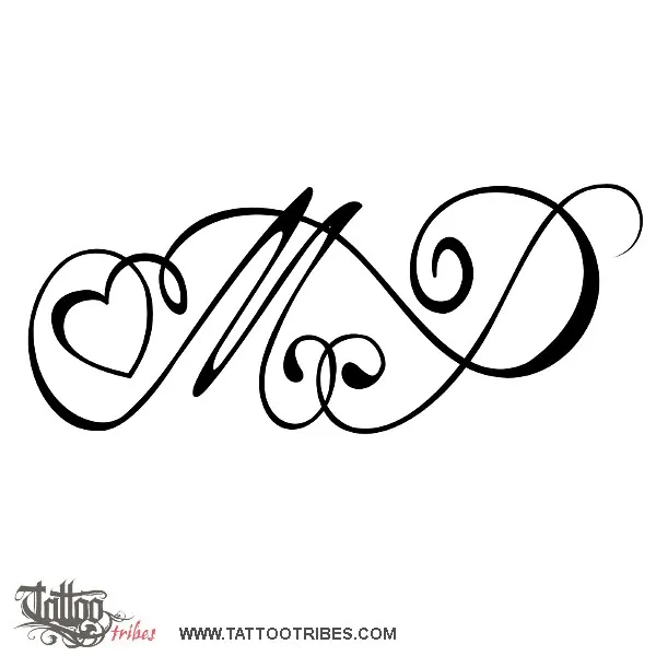 Tattoo image of M+P and heart, Bond, love