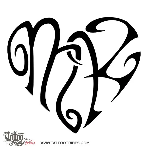 Tattoo image of M+K heartigram, Love, bond