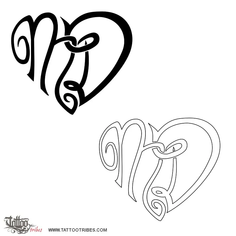 Tattoo image of Heart of M+D letters, Indissoluble union