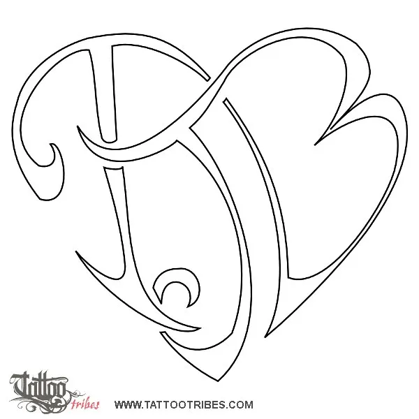 Stencil outline of T+J+B heartigram, Union, love