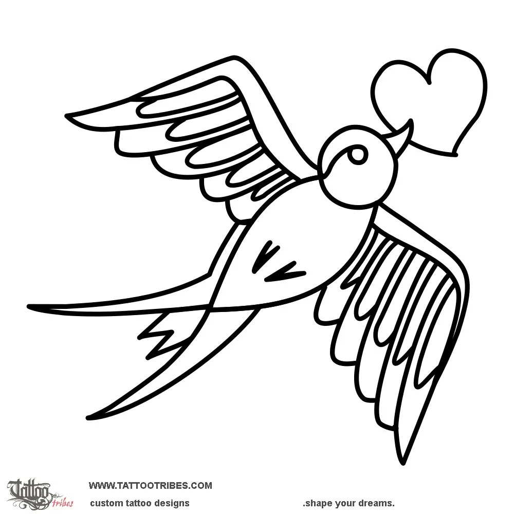 Stencil outline of Swallow and heart, Love