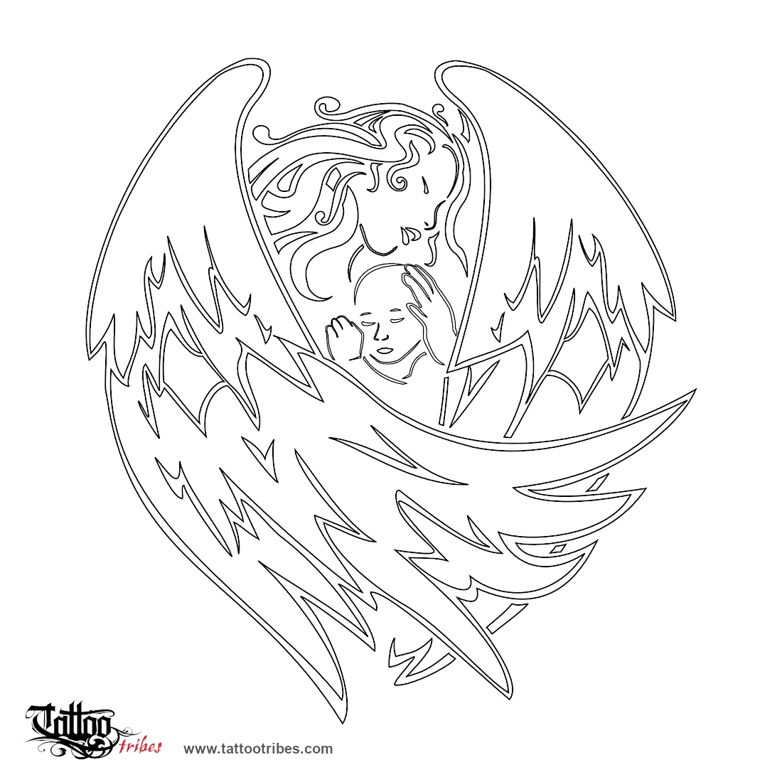 Stencil outline of Angel and baby, Birth, protection, love