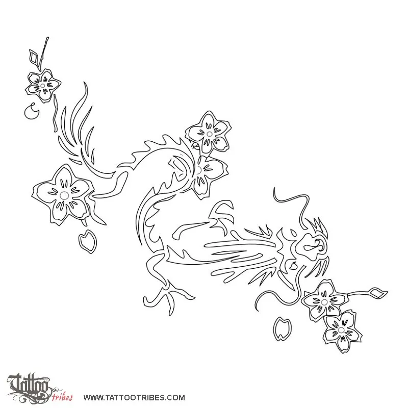 Stencil outline of Dragon and cherry blossoms, Splendour, life