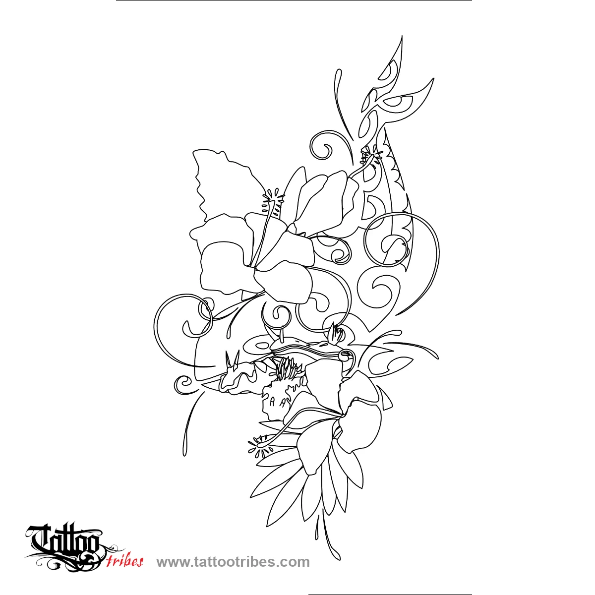 Stencil outline of Orca and flowers, Dragon coverup