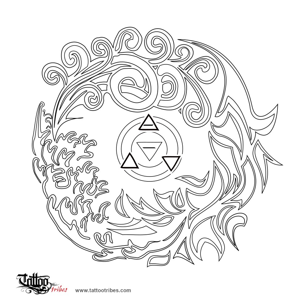Stencil outline of Four Elements, Balance, equilibrium downloadable hi-res tattoo stencil