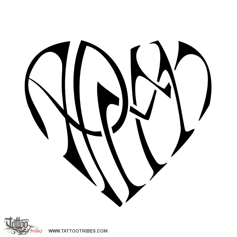 Tattoo image of A+P+M+M heart, Bond downloadable hi-res tattoo flash design