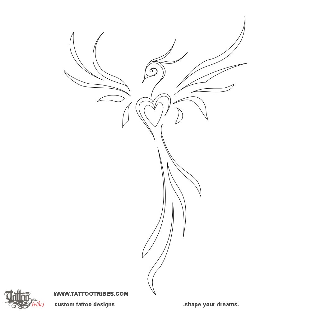 Stencil outline of Heart phoenix, New love downloadable hi-res tattoo stencil