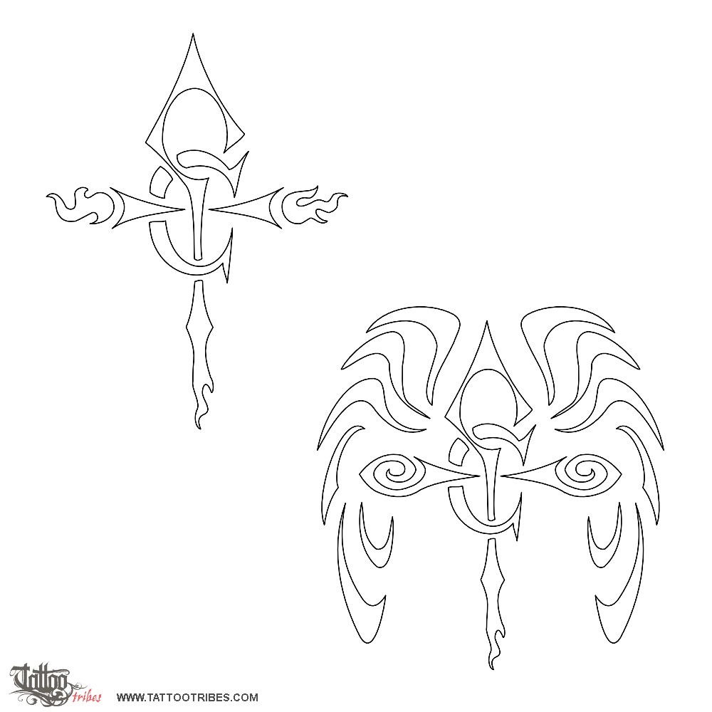 Stencil outline of Winged ankh, Eternal life, glory downloadable hi-res tattoo stencil