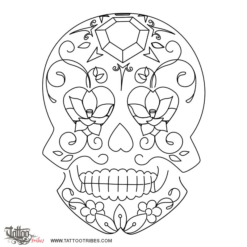 Stencil outline of Sugar skull, Mexican skull downloadable hi-res tattoo stencil
