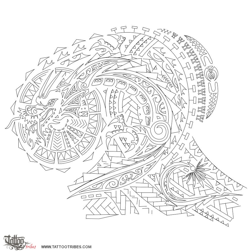 Stencil outline of Dragon sleeve, Fighter downloadable hi-res tattoo stencil