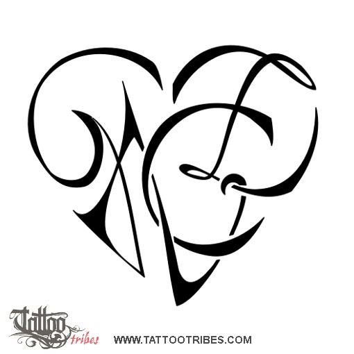 Tattoo image of G+N+C+Z heart, Love, union downloadable hi-res tattoo flash design