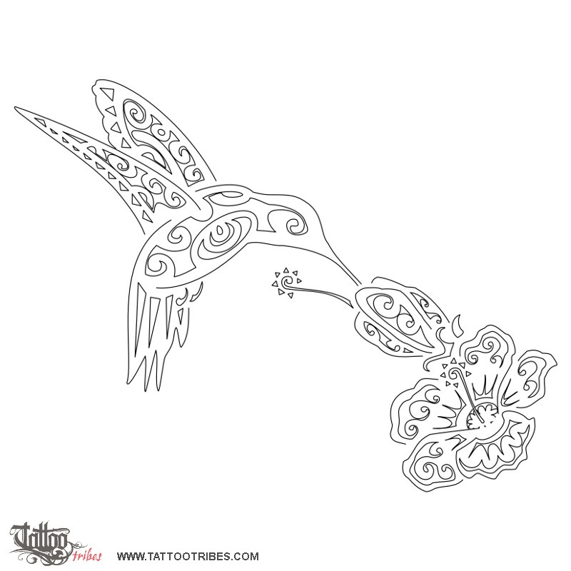 Stencil outline of Hummingbird and hibiscus, Live for the moment downloadable hi-res tattoo stencil