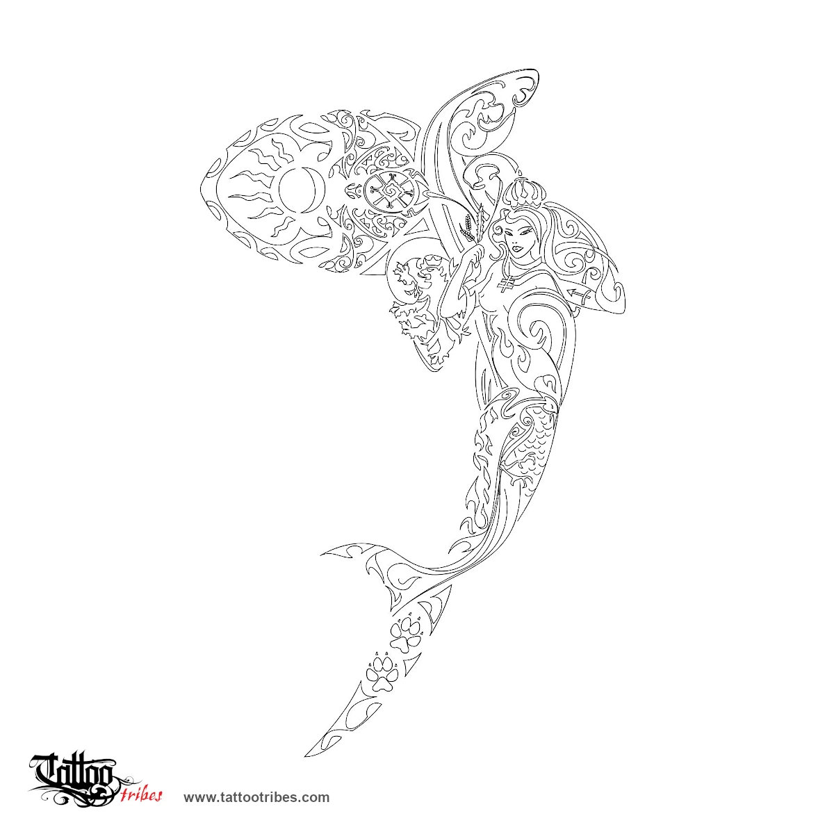 Stencil outline of Composite shark, Water, protection downloadable hi-res tattoo stencil