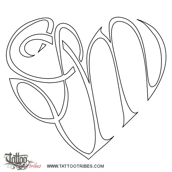 Stencil outline of L+M heart, Love, bond downloadable hi-res tattoo stencil