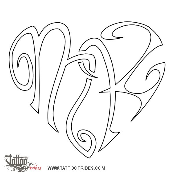 Stencil outline of M+K heartigram, Love, bond downloadable hi-res tattoo stencil