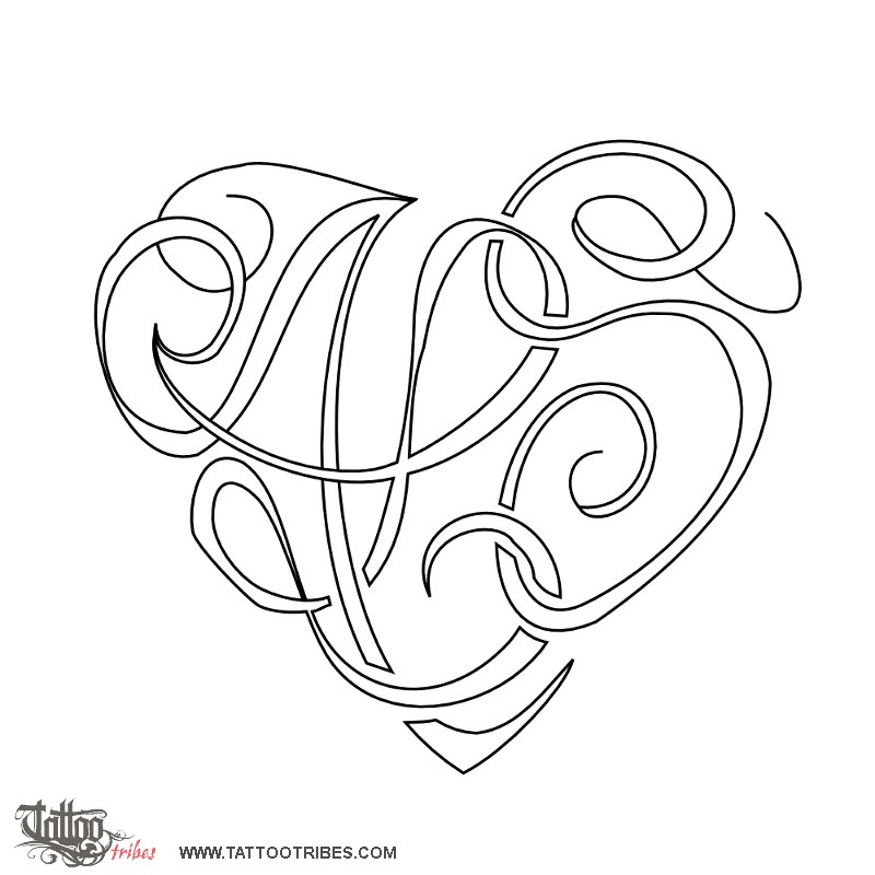 Stencil outline of A+L+S heart, Family downloadable hi-res tattoo stencil