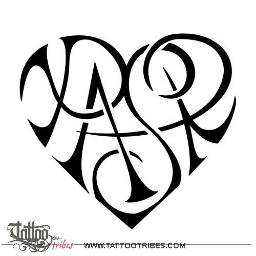 Tattoo image of P+A+S+R heart, Bond downloadable hi-res tattoo flash design