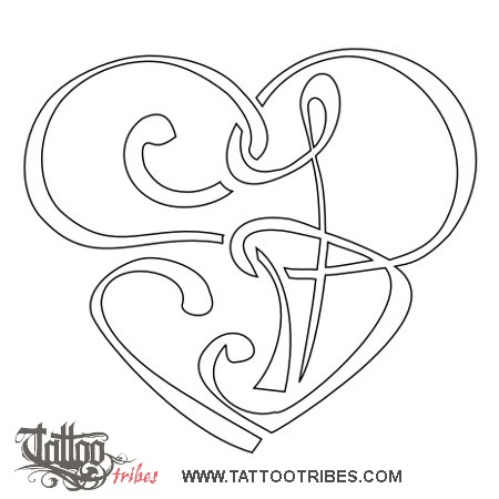 Stencil outline of S+B heart, Union downloadable hi-res tattoo stencil