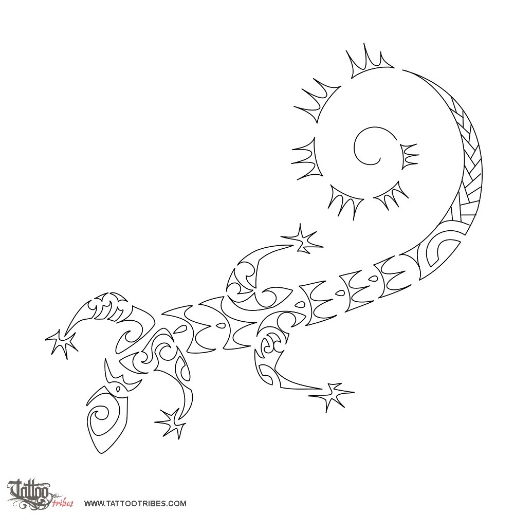 Stencil outline of Lizard and sun, Family downloadable hi-res tattoo stencil
