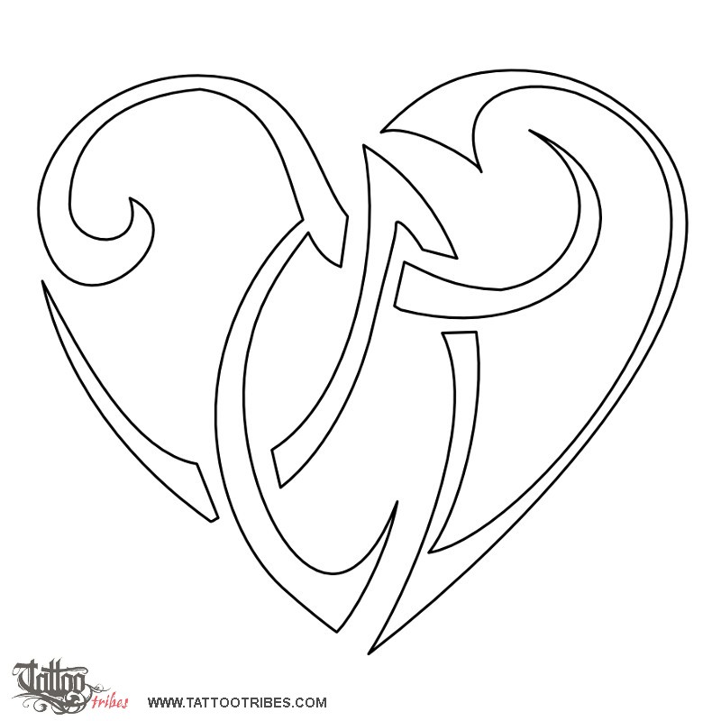 Stencil outline of T+N heartigram, Union downloadable hi-res tattoo stencil