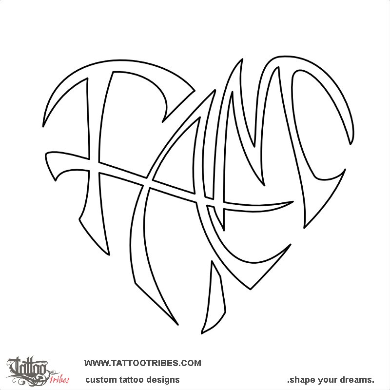 Stencil outline of F+A+M heartigram, Bond downloadable hi-res tattoo stencil