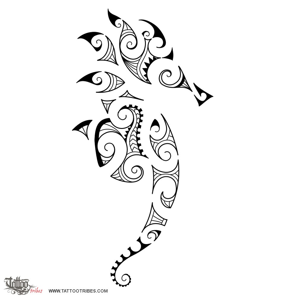 Tattoo image of Maori style seahorse, Maori series: WATER downloadable hi-res tattoo flash design