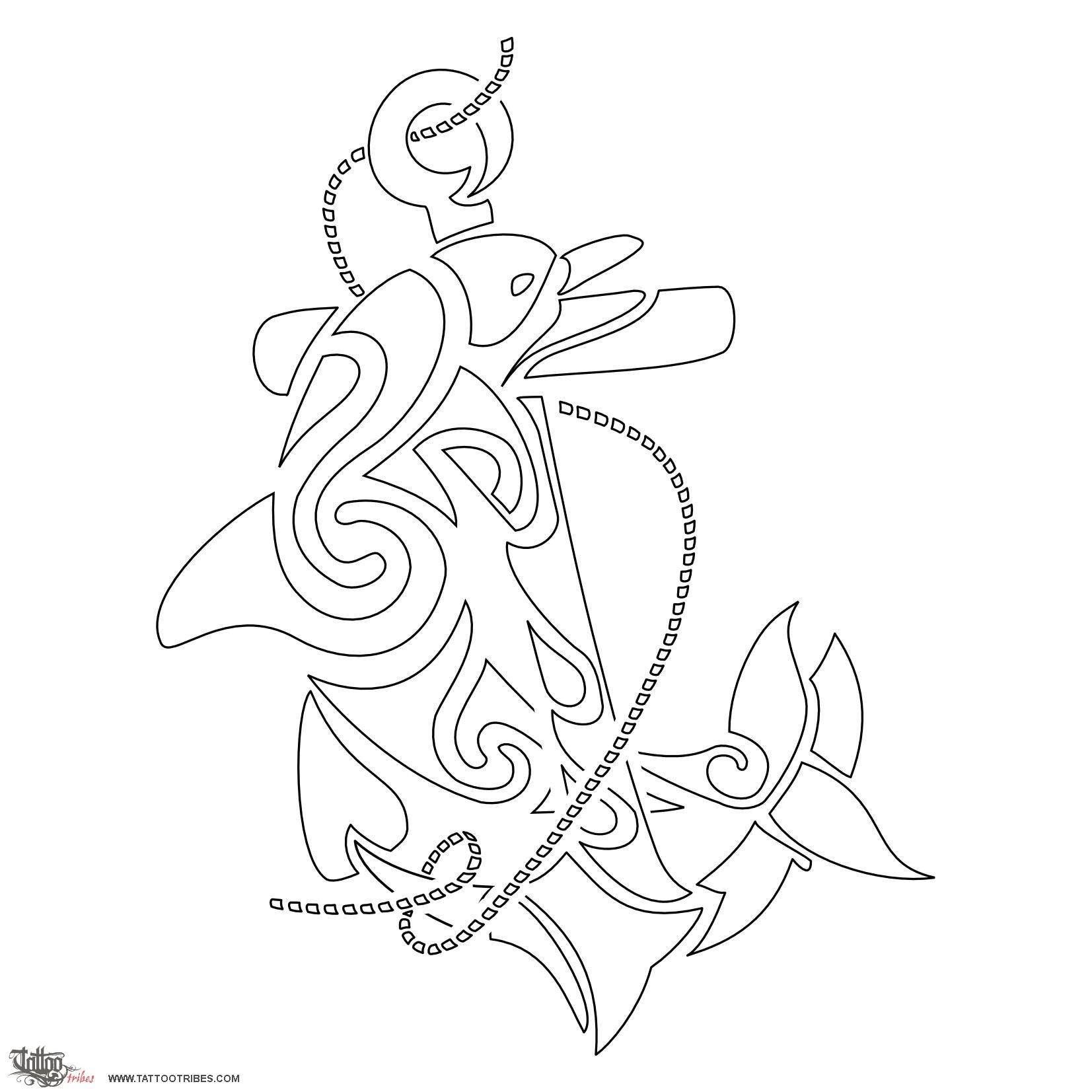 Stencil outline of Anchor and dolphin, Sea lover, joy downloadable hi-res tattoo stencil