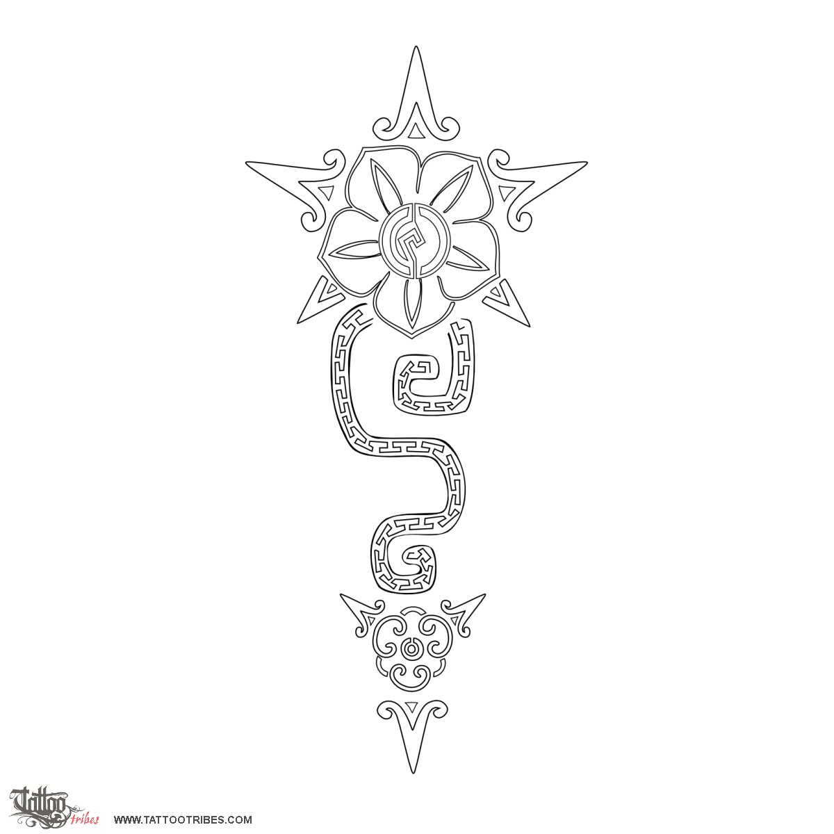 Stencil outline of Aztec flower, Friendship, freedom downloadable hi-res tattoo stencil