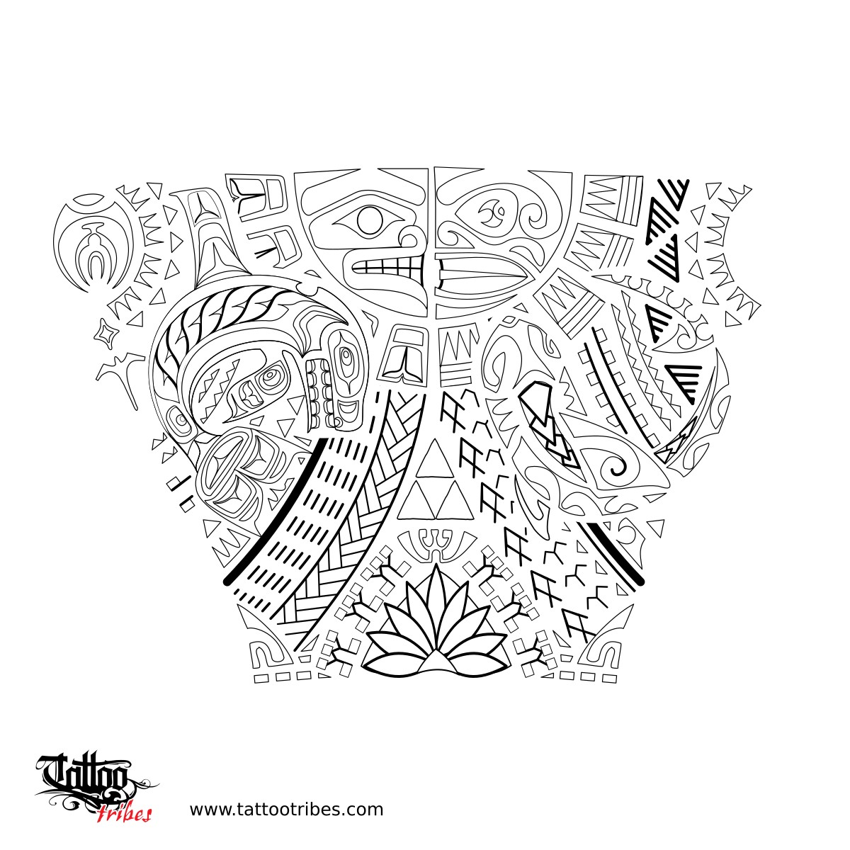 "Tlingit and Polynesian forearm sleeve tattoo stencil outline downloadable hi-res tattoo stencil