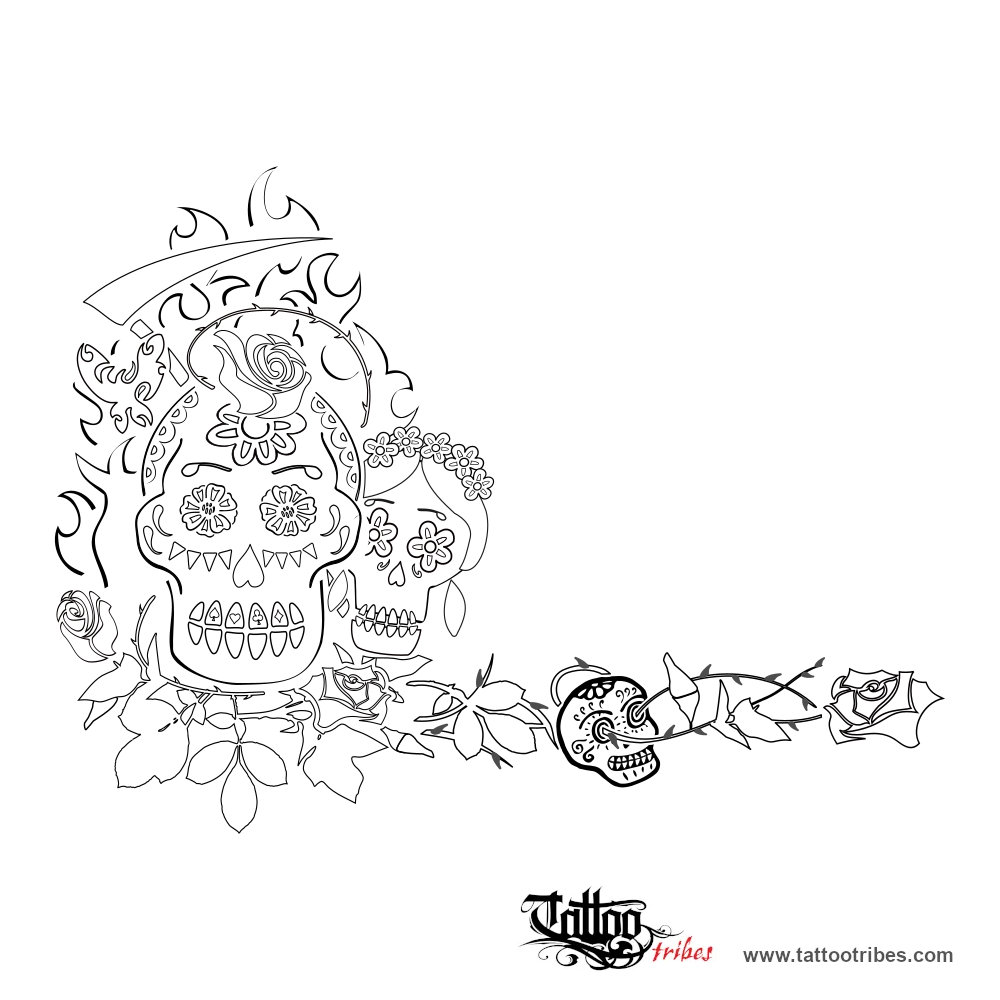 Stencil outline of Dia de los muertos, Bonds, family downloadable hi-res tattoo stencil