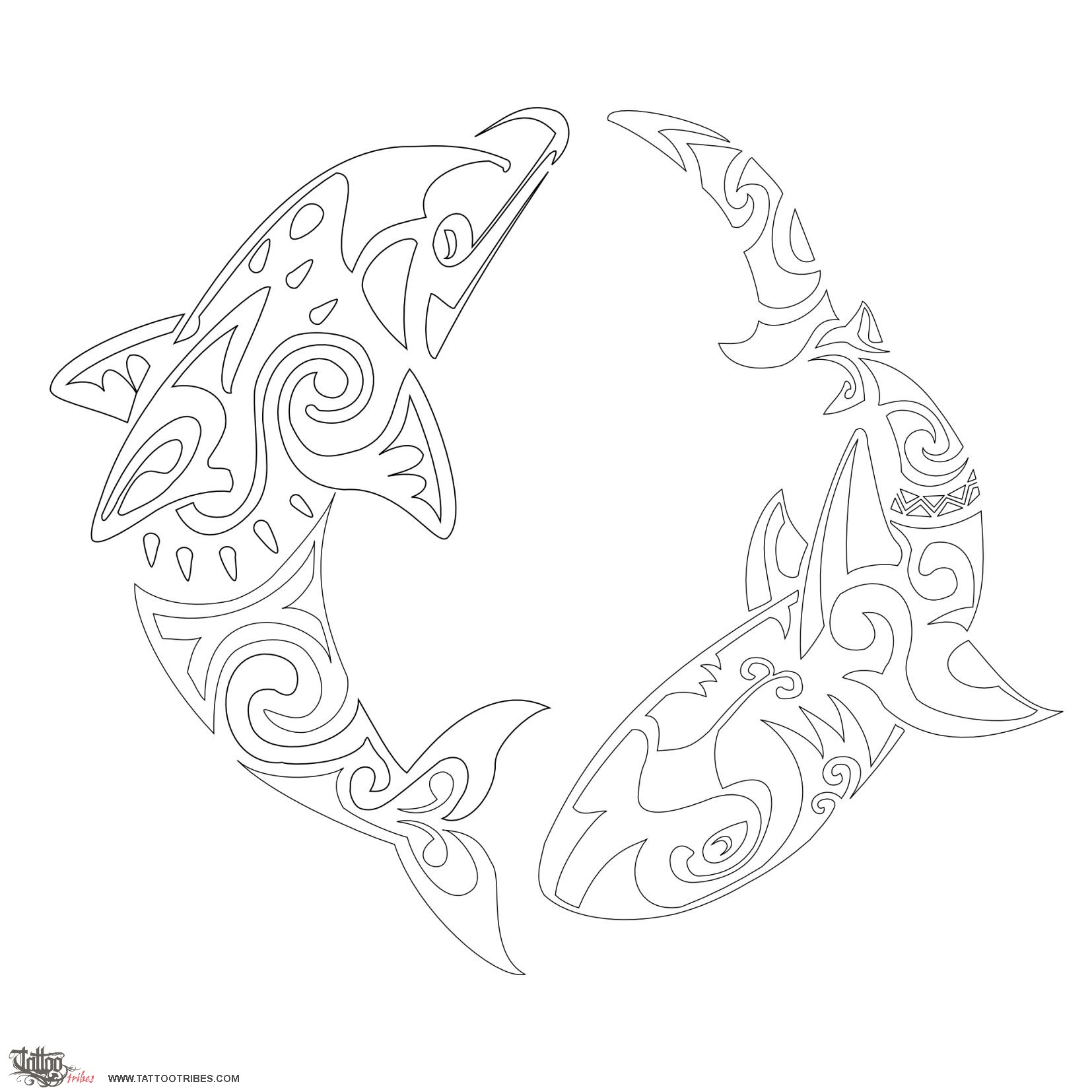 Stencil outline of Dolphin and shark, Harmony, protection downloadable hi-res tattoo stencil