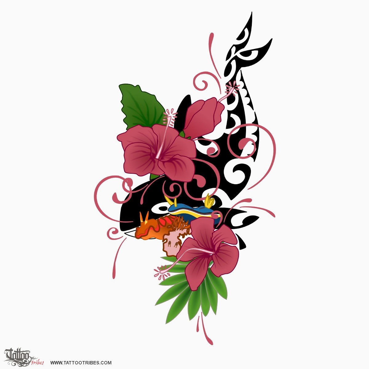 Tattoo image of Orca and flowers, Dragon coverup downloadable hi-res tattoo flash design
