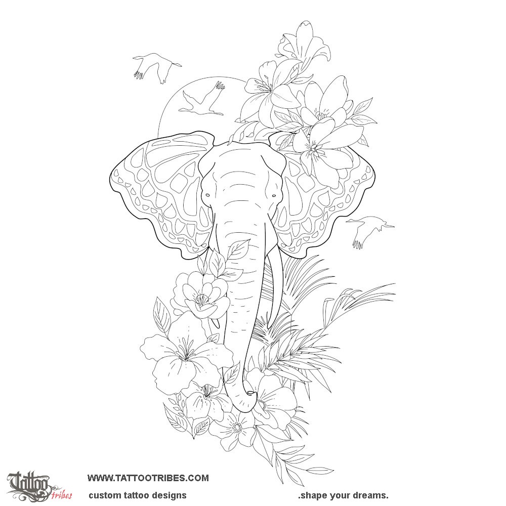 Tattoo image of Elephant & butterfly, Duality downloadable hi-res tattoo flash design