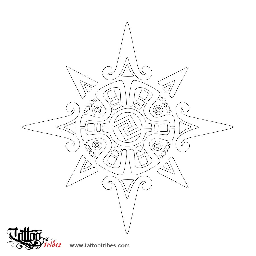 Stencil outline of Aztec star, Sun, union downloadable hi-res tattoo stencil