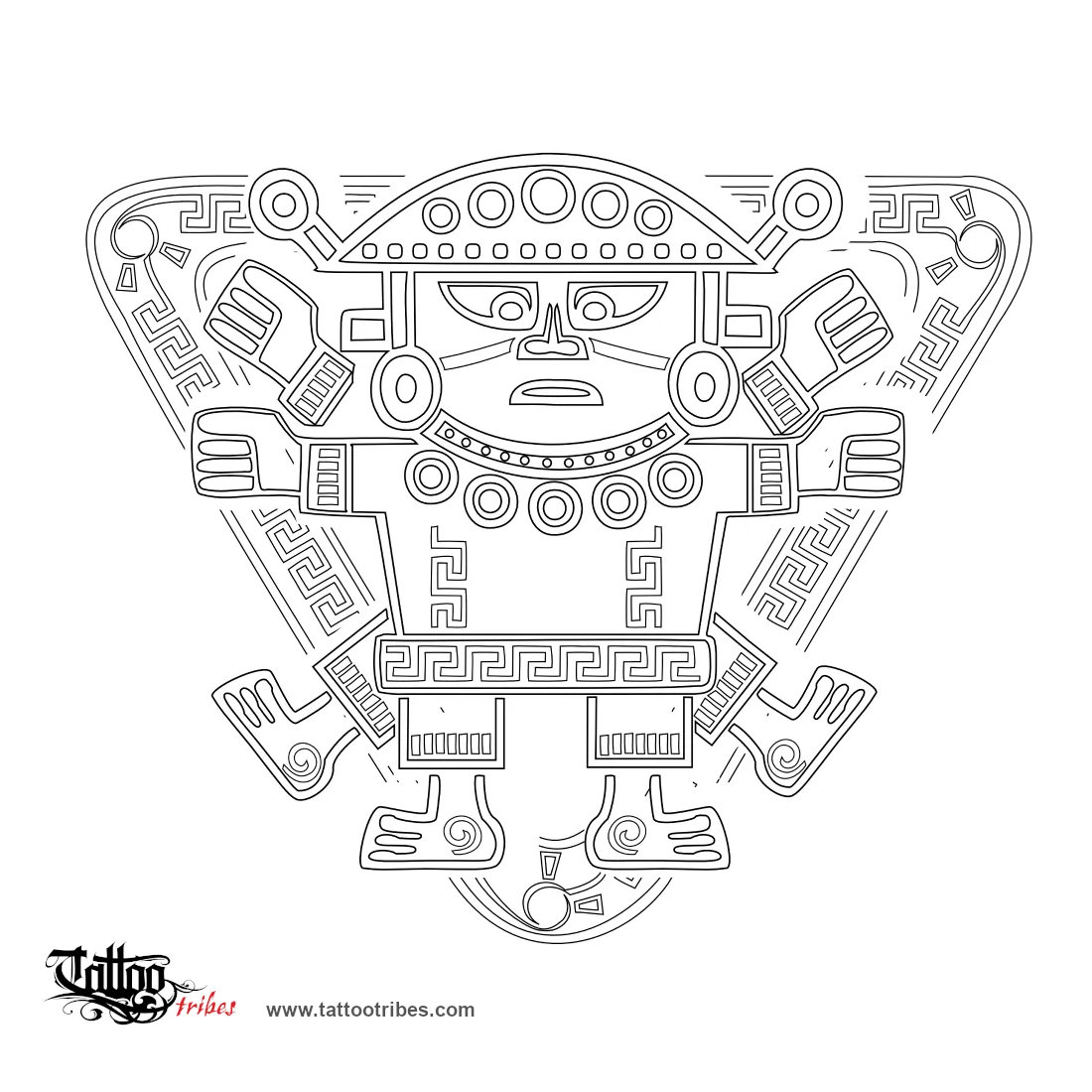 Stencil outline of Vitruvian man, in aztec style downloadable hi-res tattoo stencil