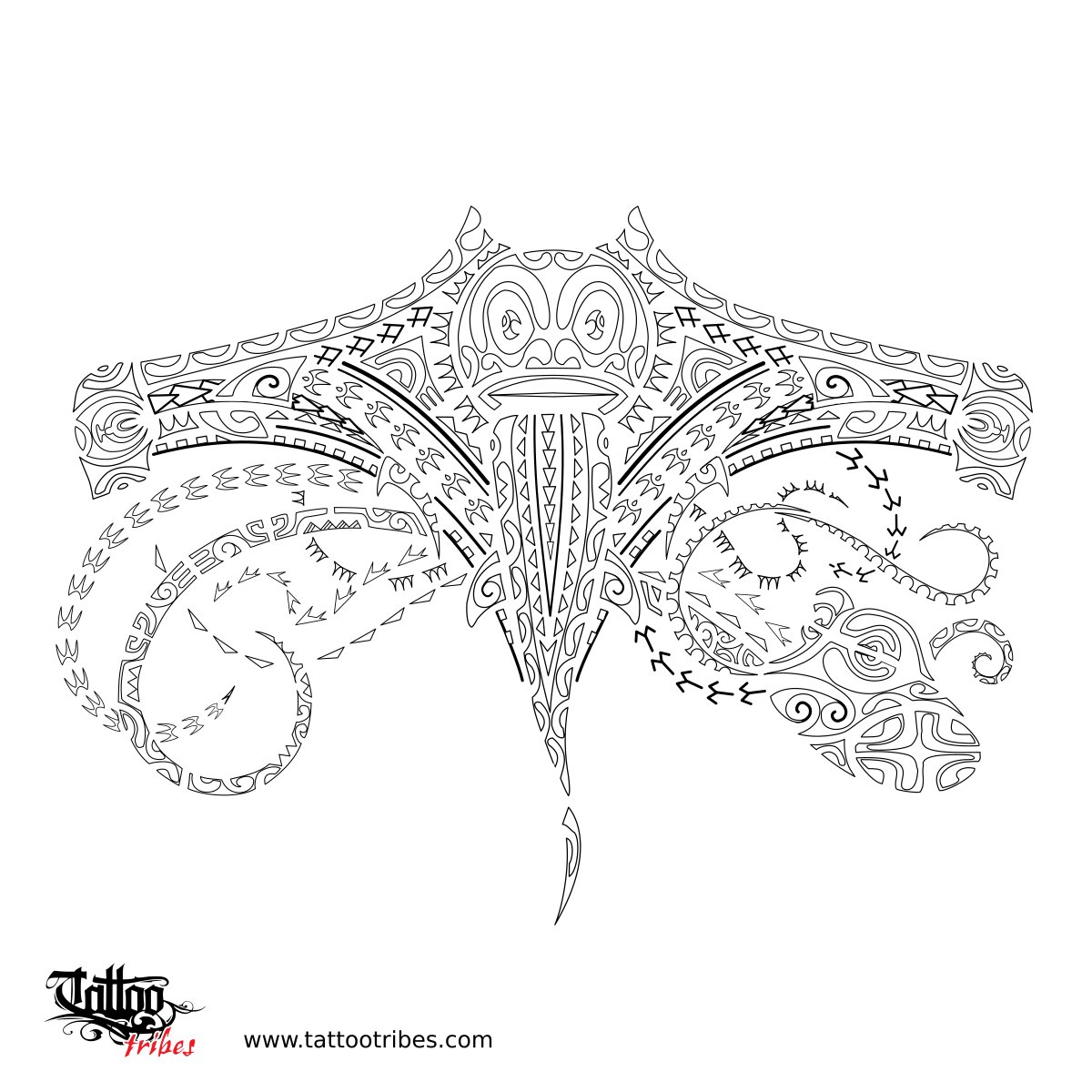 Polynesian manta and octopus tattoo stencil for the upper back downloadable hi-res tattoo stencil