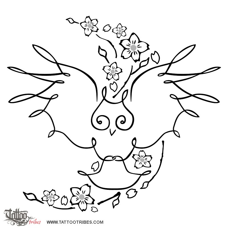 Tattoo image of Owl and cherry blossoms, Live for the moment downloadable hi-res tattoo flash design