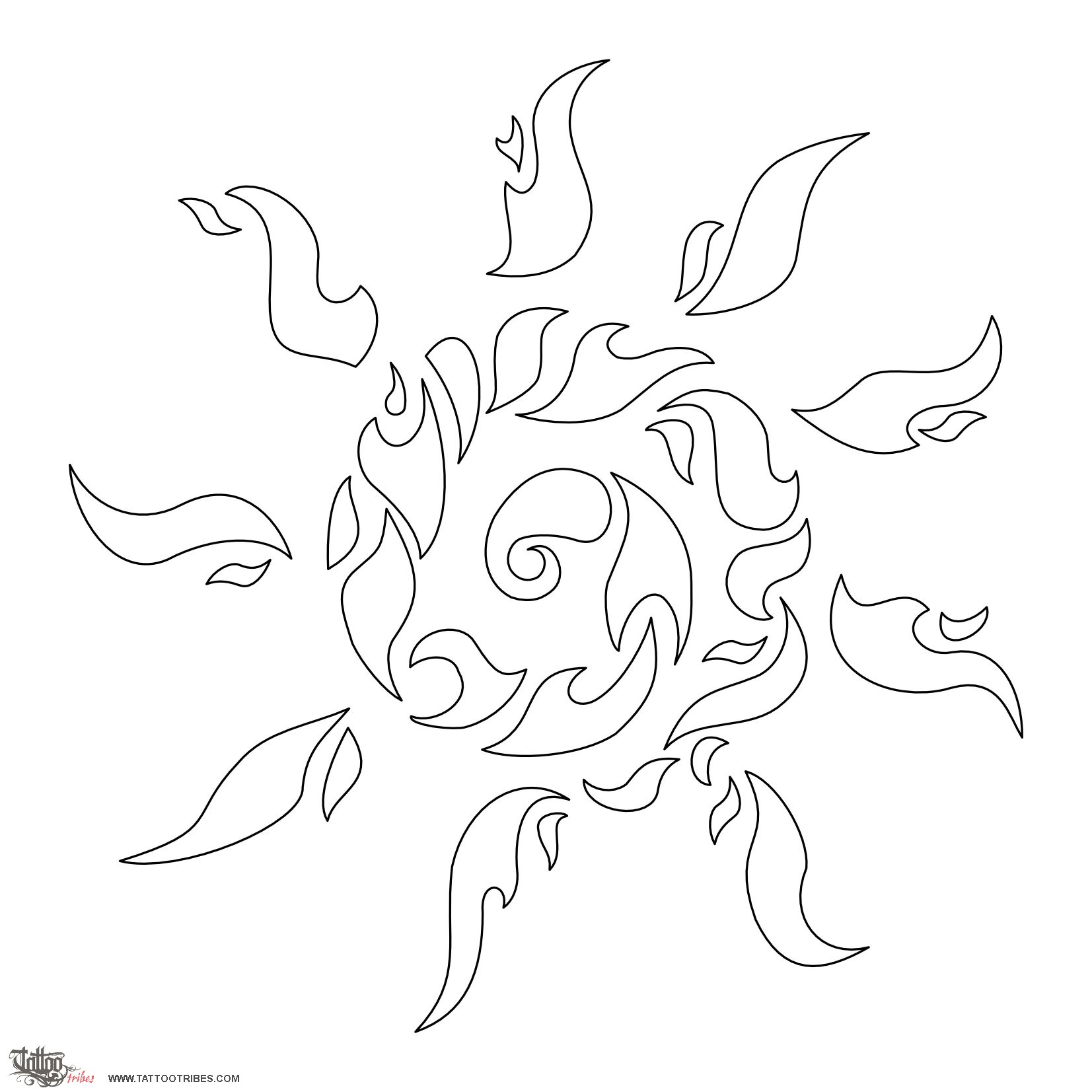 Stencil outline of Fire sun, Passion downloadable hi-res tattoo stencil