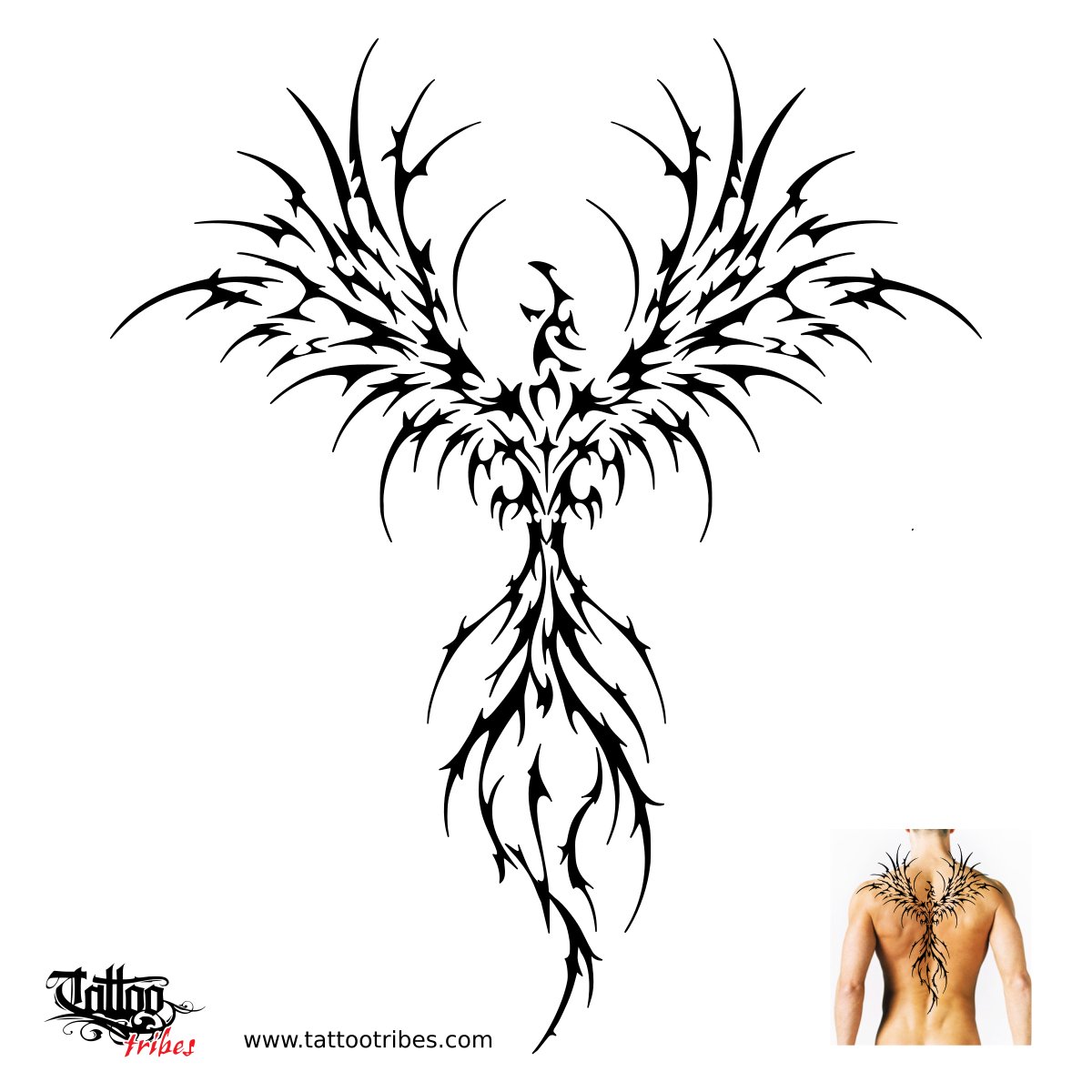 Neotribal cybersigilism phoenix tattoo flash for the back downloadable hi-res tattoo flash design