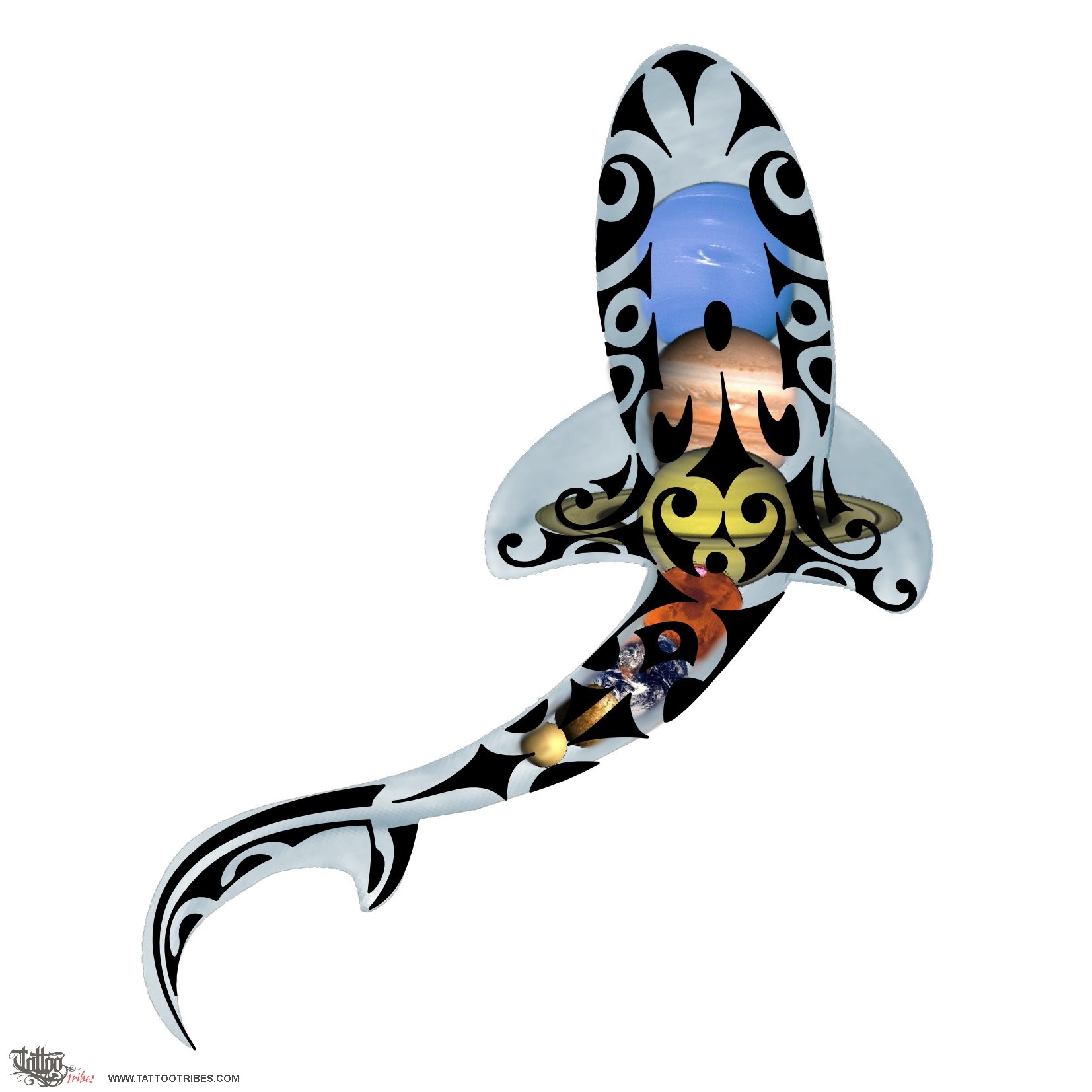 Tattoo image of Cover-up, Planets shark downloadable hi-res tattoo flash design