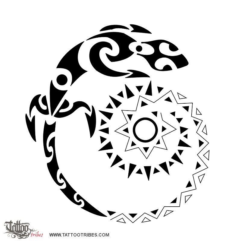 Tattoo image of Lizard and spiral sun, Lucky life downloadable hi-res tattoo flash design